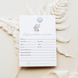 Kaart olifant baby voorspellingen en advies, voorspellingen voor babyjongen, babyshower, blauwe ballon nieuwe sjabloon baby voorspellingen, Templett, C72