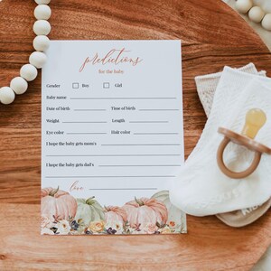 Carte de prédictions de bébé citrouille, prédictions imprimables pour bébé, jeu modifiable pour baby shower d'automne, modèle de prédictions nouveau bébé, Templett, C44