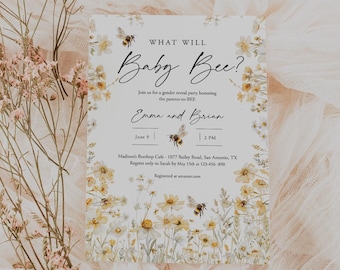 May include: A baby shower invitation with a floral design featuring bees and the text "What Will Baby Bee?"  Join us for a gender reveal party honoring Emma and Brian. June 9, 2 PM. Madison's Rooftop Cafe, 1077 Bailey Road, San Antonio, TX. Regrets only to Sarah by May 15th at 123-436-890. Registered at amazon.com.