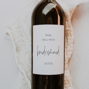 Pairs Well With Bridesmaid Duties Wine Label Template, Minimalist Maid Of Honor Proposal Wine Sticker, Bridal Party Gift Box, Templett, C67