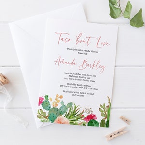 Plantilla de invitación para despedida de soltera Taco Bout Love, descarga instantánea, invitación editable para fiesta, invitación imprimible para despedida de soltera con cactus para parejas, Templett