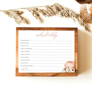 Letrero y tarjetas con deseos de calabaza para bebé, consejos imprimibles para bebés en otoño, juego editable para baby shower de otoño, plantilla de tarjeta con deseos para bebé, Templett, C44