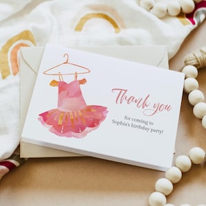 Plantilla de tarjeta de agradecimiento de bailarina, nota de agradecimiento con tutú editable, tarjeta de agradecimiento para fiesta de cumpleaños de bailarina imprimible, tarjeta de agradecimiento de baile