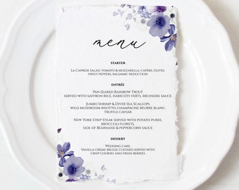 Anemone Menu Template, Purple Editable Menu, Printable Violet Wedding Menu Cards, Party Menu, Dinner Menu, Instant Download, Templett, C74