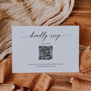 Szablon karty RSVP z kodem QR, nowoczesna karta odpowiedzi online, minimalistyczna karta odpowiedzi ślubnej, edytowalny szablon karty odpowiedzi, Templett, C82