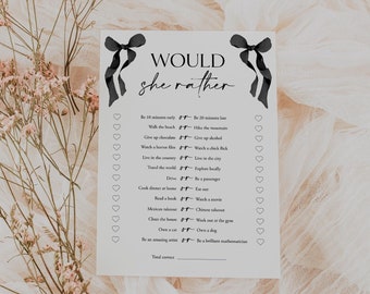 Black Bow Would She Rather Birthday Game Bridal Shower Guess Who Said It Ribbon Shower Game Template Fun bachelorette Game Templett, C103