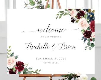 Boho Welcome Wedding Sign, Instant Download, Burgundy Landscape Welcome To Our Wedding, Fully Editable, Printable Welcome Sign, Templett C6