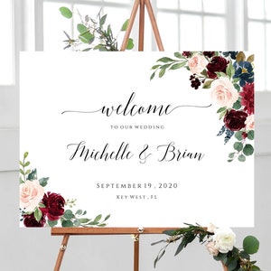 Boho Welcome Wedding Sign, Instant Download, Burgundy Landscape Welcome To Our Wedding, Fully Editable, Printable Welcome Sign, Templett C6