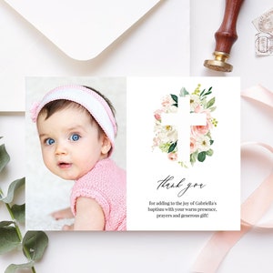 Baptism Thank You Card Template, Instant Download, Thank You Cards, Floral Cross Thank You Notes, Printable Thank You For Girls, Templett C9