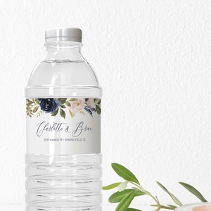 Blush And Navy Water Bottle Label Template, Wedding Favor Download, Printable Wedding Bottle Label, Bridal Shower Favor, Templett, C24