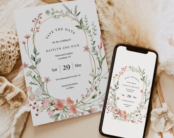 Wildflower Save The Date Template Editable Spring Flower Save Our Date Card Summer Flower Text Message Save The Date Evite DIY Templett C101