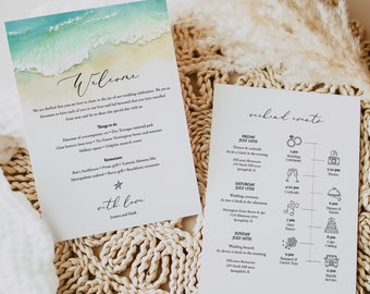 Beach Welcome Letter Template, Editable Seashore Wedding Itinerary, Ocean Order Of Events Template, Welcome Bag Timeline, Templett, C56