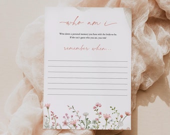 Wildflower Who Am I Game Bridal Shower Game Template Floral Couples Shower Game Memory With The Bride Game With Summer Flower Templett, C101