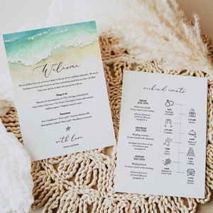 Plantilla de carta de bienvenida a la playa, itinerario editable para bodas en la playa, plantilla de orden de eventos en el océano, cronograma de la bolsa de bienvenida, Templett, C56