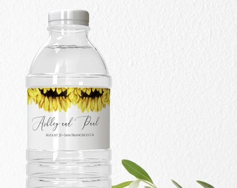 Sunflower Water Bottle Label Template, Instant Download, Wedding Favor, Printable Wedding Bottle Label, Bridal Shower Favor, Templett, C32