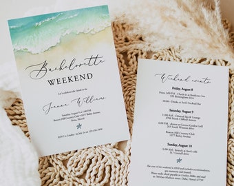 Beach Bachelorette Party Invitation With Itinerary, Seaside Bachelorette Weekend Invitation, Printable Ocean Hen Party Invite, Templett, C56