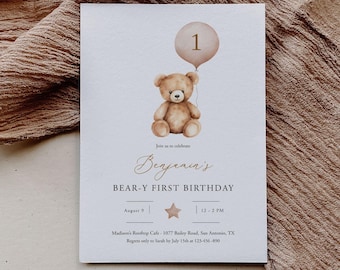 ANY AGE Bear Birthday Invitation Template Beary First Birthday Invite Editable Balloon Invitation Teddy Bear Invite Printable Templett, C109