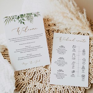 Greenery Wedding Itinerary Printable, Editable Welcome Letter, Order Of Events Template, Gold Welcome Bag Printable Timeline, Templett, C63