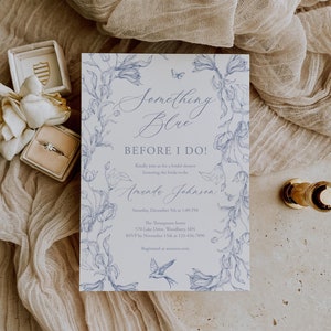 Chinoiserie Bridal Shower Invitation Something Blue Couples Shower Invite Dusty Blue Toile Wedding Shower Vintage Floral Evite Templett C116