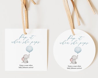 Elephant Mini Champagne Bottle Tag Pop It When She Pops Tag For Baby Shower Favor Balloon Baby Shower Gift Pop It Favor Tag, Templett, C72