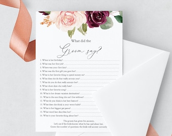 Editable What Did The Groom Say Template, Instant Download, What Did He Say About His Bride, Couples Shower Game Printable, Templett, C29