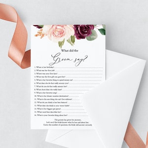 Editable What Did The Groom Say Template, Instant Download, What Did He Say About His Bride, Couples Shower Game Printable, Templett, C29