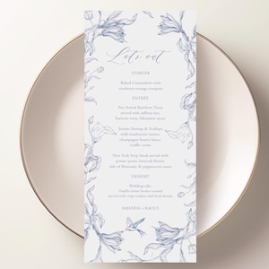 Menú de toile francés Plantilla de menú de boda azul polvoriento Menú chinoiserie Menú de despedida de soltera Tarjeta de menú de cumpleaños Menú de 5x7 Menú de 3,5x8,5 Templett, C116