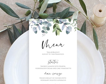 Eucalyptus Menu Template, Fully Editable, 5x7, 3.75x9, Wedding Menu Cards, Editable Menu, Greenery Menu, Printable Dinner Menu, Templett C40