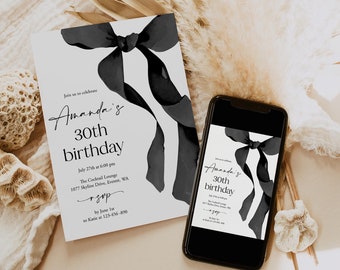 Editable Birthday Invitation Black Bow Birthday Invite Template DIY Digital Black Ribbon Birthday 30th Birthday 40th Birthday Templett, C103