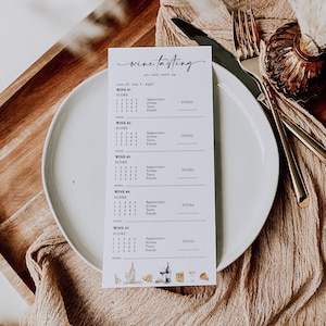 Sjabloon wijnproeverij Afdrukbare scorekaart wijnproeverij Wijnproefblad Blind wijnproefnotitie Wine Party Scorecard Templett, C102