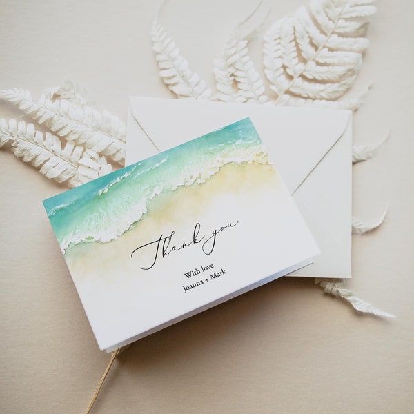 Beach Thank You Card Template, Printable Ocean Wedding Thank You Note, Editable Bridal Shower Thank You, Seashore Wedding, Templett, C56