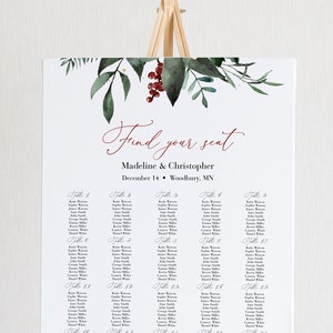 Winter Wedding Seating Chart Template, Holly Wedding Seating Chart Board, Christmas Seating Chart Poster, Seating Plan Editable Template C57