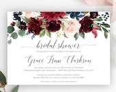 Bridal Shower Invitation, Fully Editable Printable Bridal Shower Invitation Template, Landscape Invitation, Burgundy, Instant Download, C6