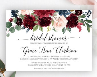 Bridal Shower Invitation, Fully Editable Printable Bridal Shower Invitation Template, Landscape Invitation, Burgundy, Instant Download, C6