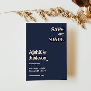 Retro Save Our Date Template Download, Vintage Font Save The Date Cards, Editable Save The Date, Navy Save The Day Invites, Templett, C54