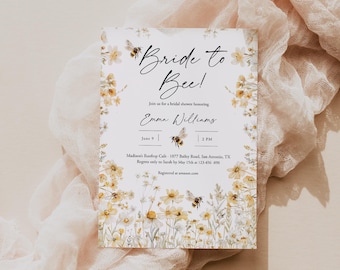 Invito per addio al nubilato "Bride To Bee" Invito per addio al nubilato con fiori selvatici Invito floreale con ape Fiori di campo primaverili Brunch per addio al nubilato con ape Templett C108