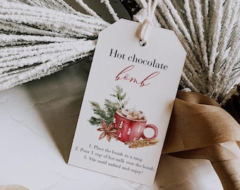 Christmas Hot Chocolate Bomb Tag Printable, Editable Hot Cocoa Bomb Tag Template, Favor Tag With Directions, Instructions Card, Templett