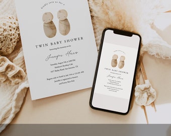 Neutral Twin Baby Shower Invitation Template Editable Gender Neutral Baby Shower Invite Printable Two Babies Invitation Download Templett
