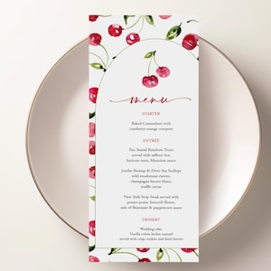 Modelo de menu de cereja Cartão de menu de casamento de cereja Menu de frutas Menu fino Chá de panela Menu de verão Cartão de menu de aniversário 5x7 Vamos comer Templett, C118