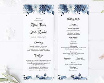 Blue And Silver Wedding Program Template, Editable Printable Ceremony Template, Printable Wedding Program, Order Of Ceremony, Templett, C55