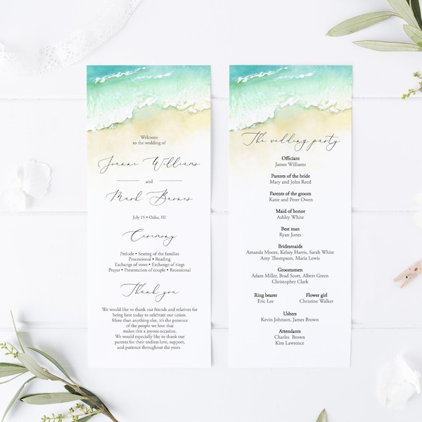 Beach Wedding Program Template, Editable Ocean Ceremony Template, Printable Wedding Program, Seashore Order Of Ceremony Sand, Templett, C56