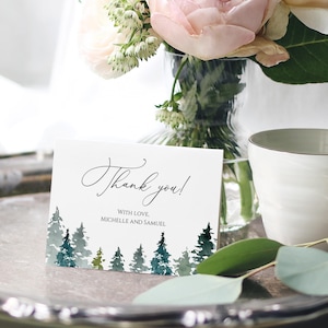Modello di biglietto di ringraziamento per matrimonio nella foresta, biglietto di ringraziamento stampabile per albero di pino, biglietto di ringraziamento modificabile per matrimonio nella foresta, matrimonio all'aperto, Templett, C48