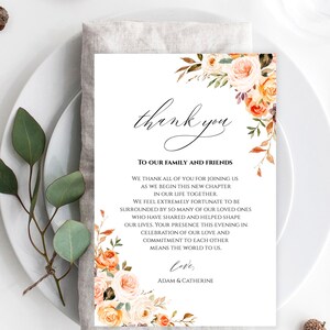Tarjeta de agradecimiento de boda, nota de agradecimiento en servilleta, carta de agradecimiento imprimible, agradecimiento totalmente editable, agradecimiento con flores de otoño, Templett, C45