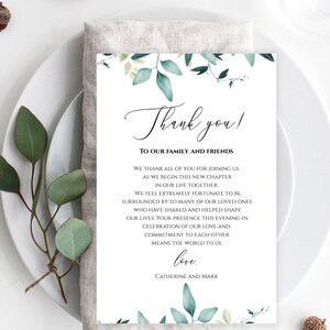 Plantilla de tarjeta de agradecimiento con eucalipto, nota de agradecimiento con servilleta con hojas verdes, carta de agradecimiento con follaje imprimible, carta de agradecimiento editable, Templett, C31