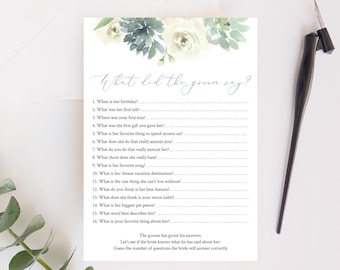 Editable Succulent Bridal Shower Game, What Did The Groom Say, What Did He Say About His Bride, Bachelorette Party Game, Templett, C15