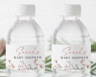 Wildflower Water Bottle Label Baby Shower Boho Floral Waterbottle Wrap Template Printable Girl Baby Sprinkle Favor Floral Pink Templett C101