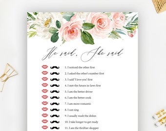 He Said She Said Template, Fully Editable Bridal Shower Game, Printable He Said She Said Game, Printable Wedding Shower Game, Templett, C9