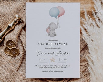 Gender Reveal Invitation Template Download, Pink Or Blue Elephant Gender Reveal Invite, Rustic He Or She, Balloon Boy Or Girl, Templett C72