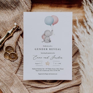 Gender Reveal Invitation Template Download, Pink Or Blue Elephant Gender Reveal Invite, Rustic He Or She, Balloon Boy Or Girl, Templett C72
