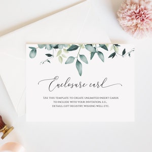 Eucalyptus kaartsjabloon aangepaste bijlage, afdrukbare huwelijksuitnodiging info invoegen, kaart bewerkbare groen accommodatie, Templett, C31